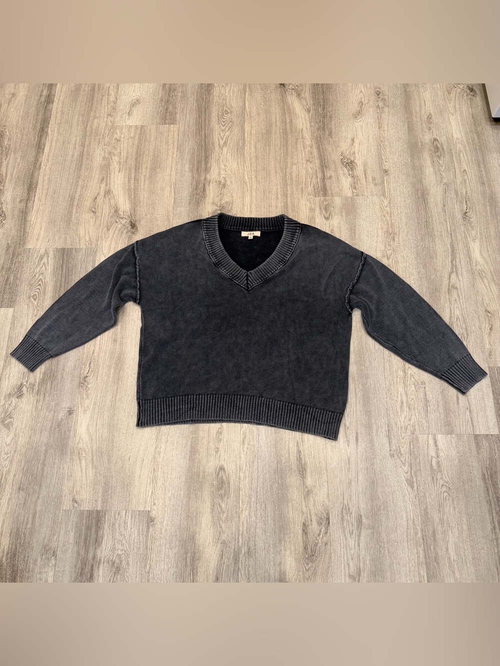 J.O.A. 100% Cotton Washed Charcoal Oversized V-Neck Sweater Size Small